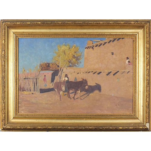 488 - Figures and donkeys, Middle Eastern oil on board, mounted and framed, 44cm x 29cm excluding the moun... 