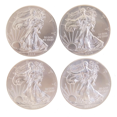 2525 - Four United States of America 2014 fine silver dollars, 125g