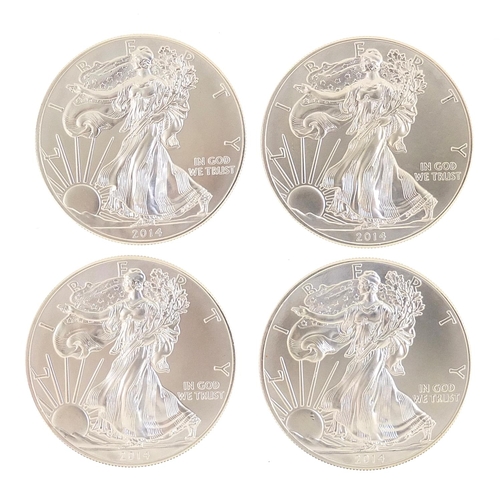 2544 - Four United States of America 2014 fine silver dollars, 125g