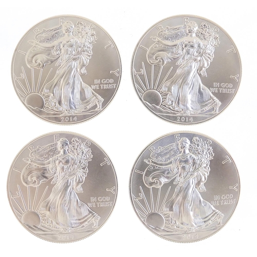 2537 - Four United States of America 2014 fine silver dollars, 125g