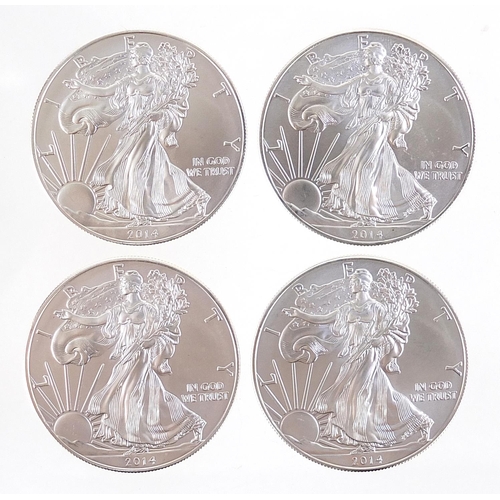 2543 - Four United States of America 2014 fine silver dollars, 125g