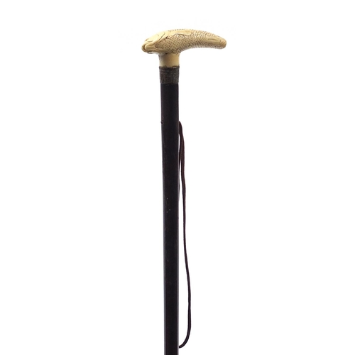 322 - Hardwood walking stick with carved ivory Koi carp handle, 88cm in length