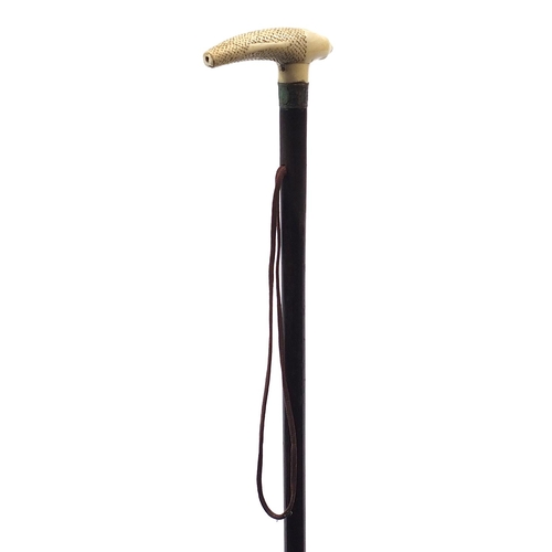 322 - Hardwood walking stick with carved ivory Koi carp handle, 88cm in length