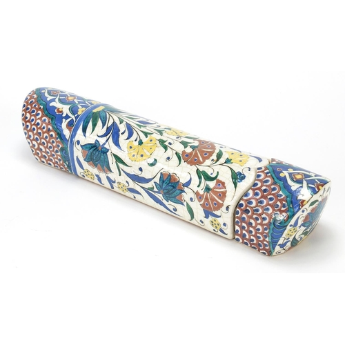 204 - Turkish Kutahya pottery pen box hand painted with flowers, 32cm in length