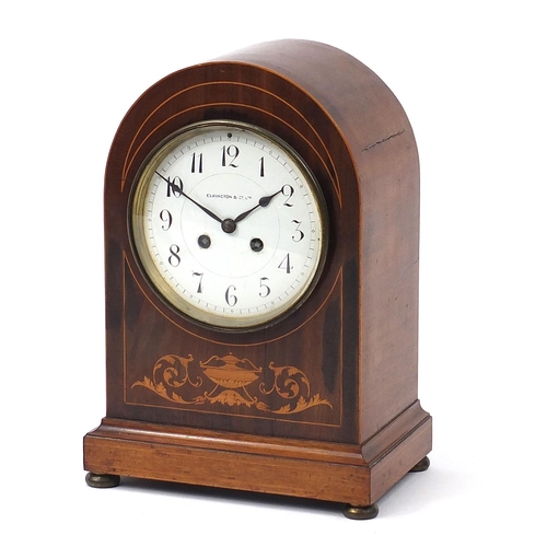 263 - Elkington & Co, Edwardian inlaid mahogany dome top mantle clock striking on a gong with enamel dial ... 