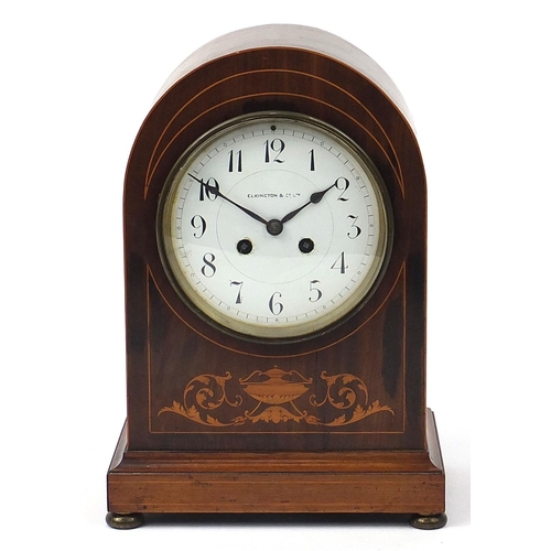 263 - Elkington & Co, Edwardian inlaid mahogany dome top mantle clock striking on a gong with enamel dial ... 