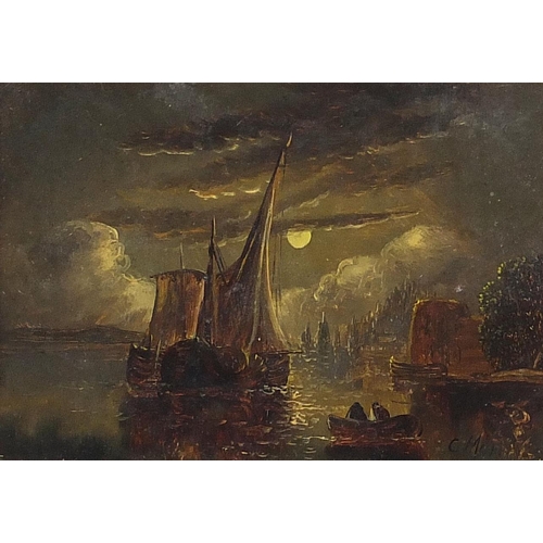 504 - Manner of J M W Turner - Boats on water under a moonlit sky, antique maritime oil, bearing an indist... 