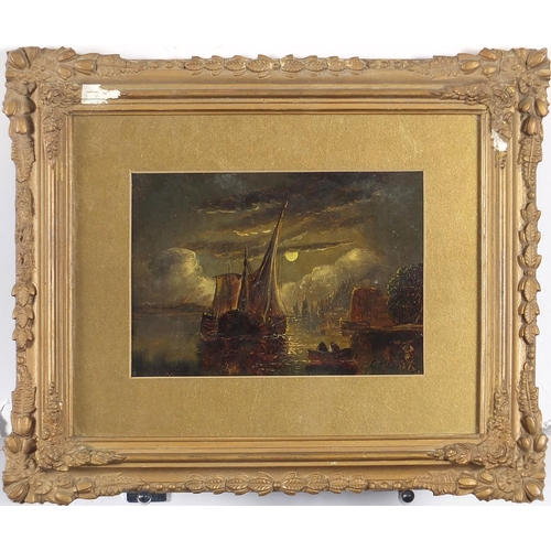 504 - Manner of J M W Turner - Boats on water under a moonlit sky, antique maritime oil, bearing an indist... 