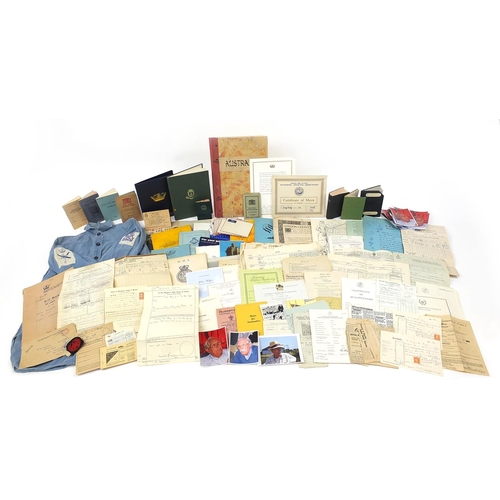 2462 - Collection of naval ephemera and a naval blue shirt with badges all relating to the Hollyer family, ... 