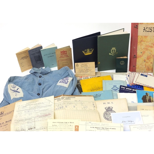 2462 - Collection of naval ephemera and a naval blue shirt with badges all relating to the Hollyer family, ... 