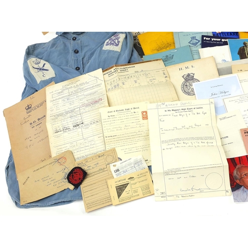 2462 - Collection of naval ephemera and a naval blue shirt with badges all relating to the Hollyer family, ... 