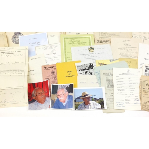 2462 - Collection of naval ephemera and a naval blue shirt with badges all relating to the Hollyer family, ... 