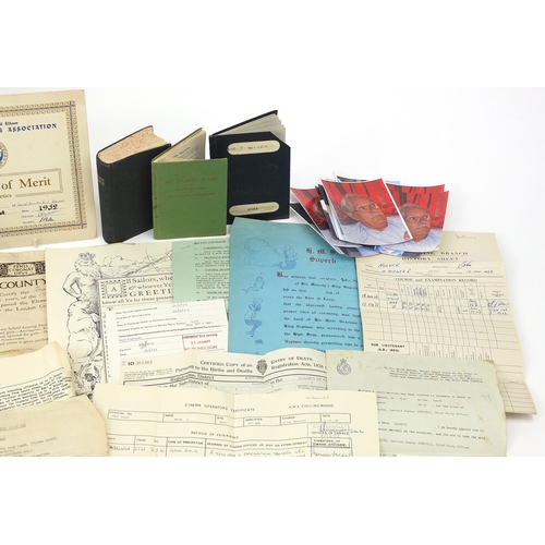 2462 - Collection of naval ephemera and a naval blue shirt with badges all relating to the Hollyer family, ... 