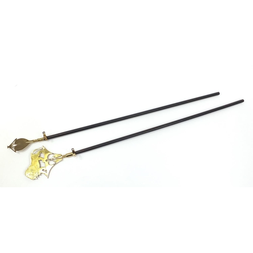 259 - Two antique brass topped Livery Company Guild Wands the largest 130.5cm in length