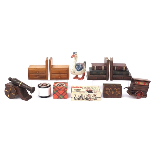1455 - Sundry items including J&P Coats 'One Mile' of cotton, bookends, wooden duck and a cigarette box in ... 