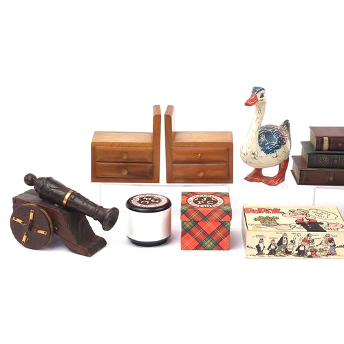 1455 - Sundry items including J&P Coats 'One Mile' of cotton, bookends, wooden duck and a cigarette box in ... 