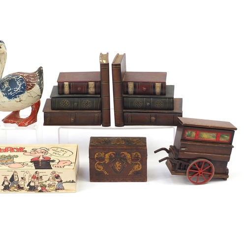 1455 - Sundry items including J&P Coats 'One Mile' of cotton, bookends, wooden duck and a cigarette box in ... 