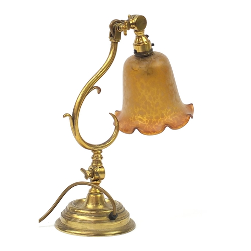 274 - Antique heavy brass desk lamp with glass shade, 34cm high