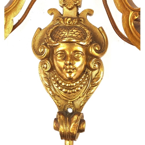 271 - Pair of French style two branch gilt metal wall sconces with masks, 29cm high x 29cm wide