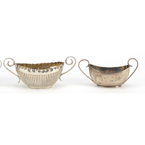 2426 - Two pairs of Victorian silver open salts with twin handles, I L Chester 1899 and H & T Birmingham 18... 