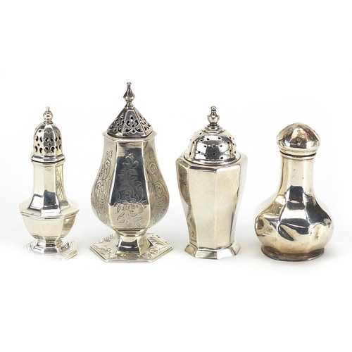 2428 - Four Victorian and later silver casters, one with engraved decoration, various hallmarks, the larges... 