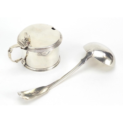 2430 - Georgian silver ladle and mustard with hinged lid and blue glass liner, incomplete hallmarks, the la... 