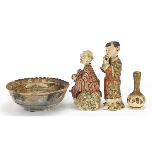 32 - Japanese Satsuma pottery comprising two figures, bowl and garlic head vase, the largest 16.5cm high