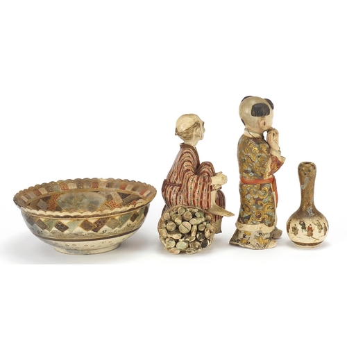 32 - Japanese Satsuma pottery comprising two figures, bowl and garlic head vase, the largest 16.5cm high