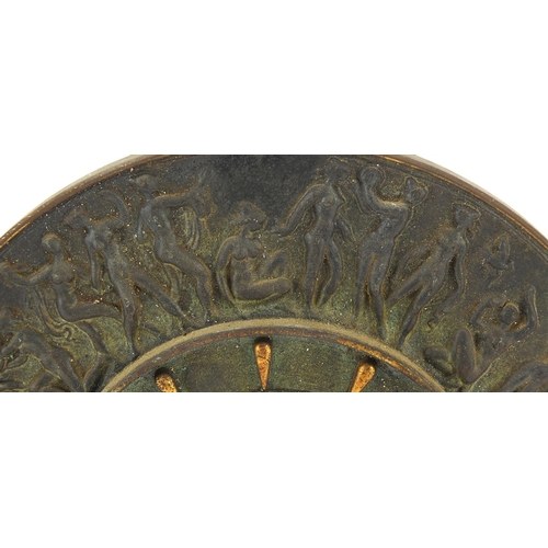 265 - German partially gilt cast iron mantle clock cast in relief with a continuous band of nude dancing f... 