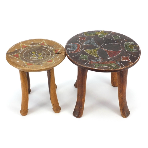 189 - Three African hardwood stools with beadwork inlay decorated with animals and flowers, the largest 28... 