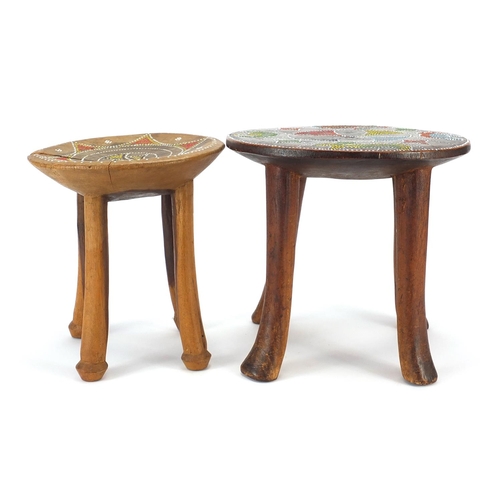 189 - Three African hardwood stools with beadwork inlay decorated with animals and flowers, the largest 28... 