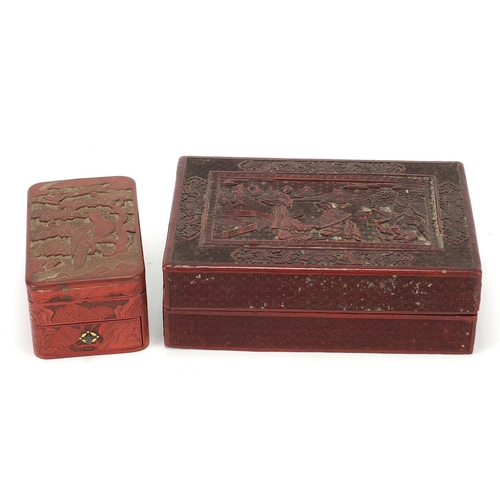 74 - Two Chinese rectangular cinnabar lacquer boxes and covers comprising one carved with three females i... 