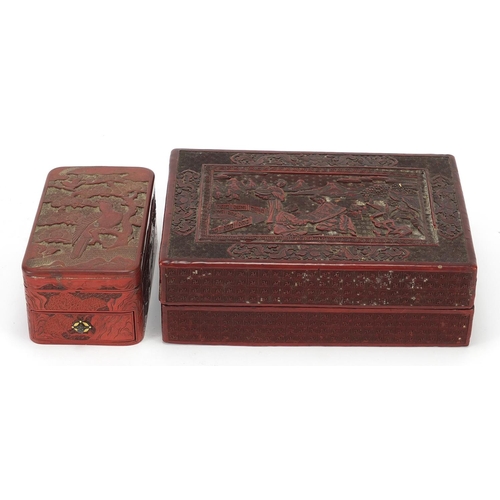 74 - Two Chinese rectangular cinnabar lacquer boxes and covers comprising one carved with three females i... 