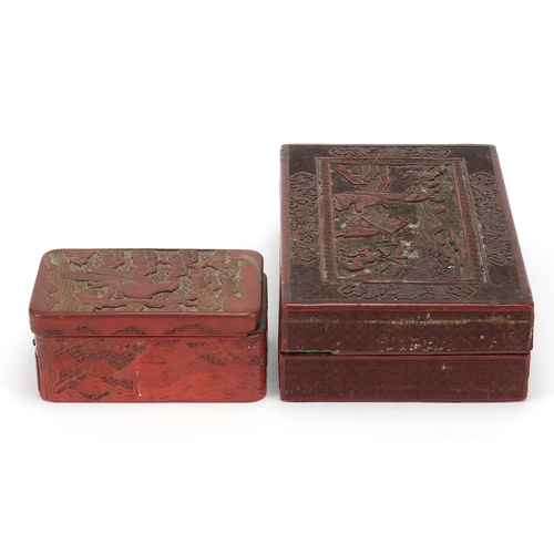 74 - Two Chinese rectangular cinnabar lacquer boxes and covers comprising one carved with three females i... 