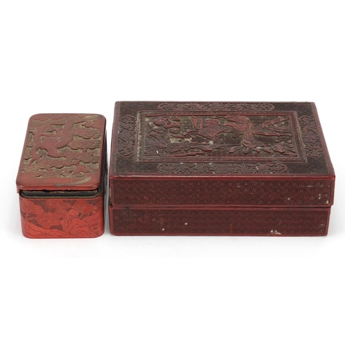 74 - Two Chinese rectangular cinnabar lacquer boxes and covers comprising one carved with three females i... 