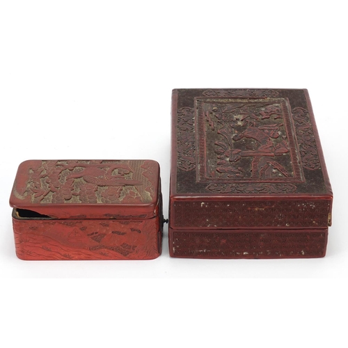 74 - Two Chinese rectangular cinnabar lacquer boxes and covers comprising one carved with three females i... 