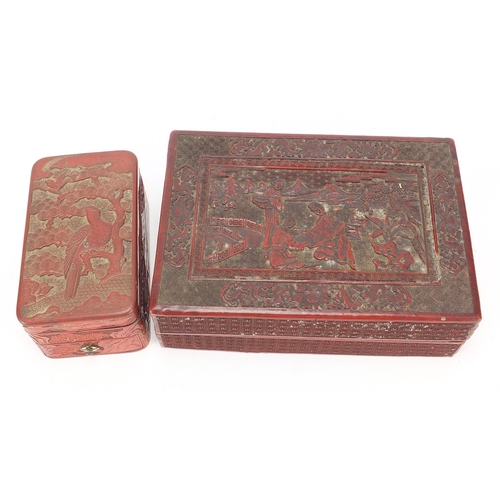 74 - Two Chinese rectangular cinnabar lacquer boxes and covers comprising one carved with three females i... 