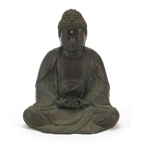 113 - Chino Tibetan patinated bronze figure of seated Buddha, 18cm high