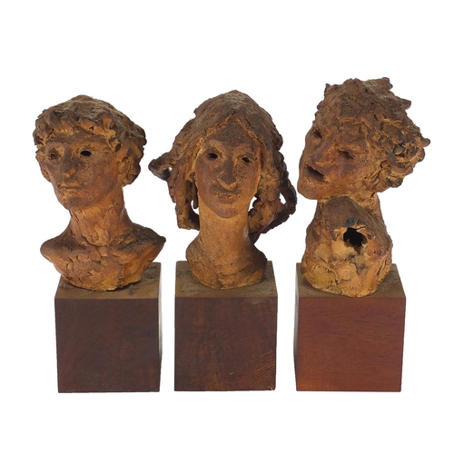 392 - Three mid century pottery busts raised on wooden block bases, each inscribed Elizabeth Benenson to t... 