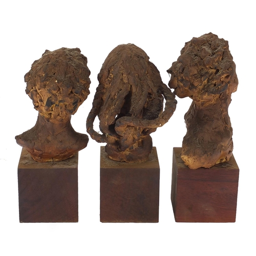 392 - Three mid century pottery busts raised on wooden block bases, each inscribed Elizabeth Benenson to t... 