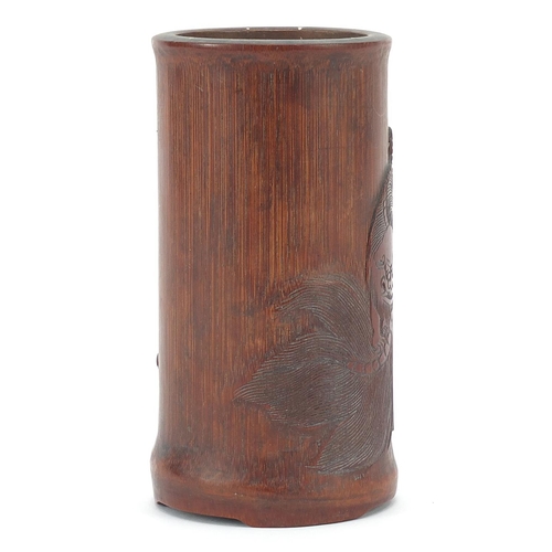 55 - Chinese bamboo brush pot finely carved with two qilins, 12cm high
