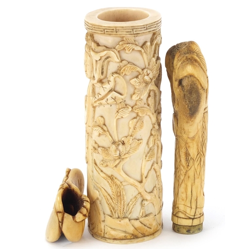 40 - Chinese ivory and bone carvings including a tusk section carved with a figure amongst flowers and a ... 