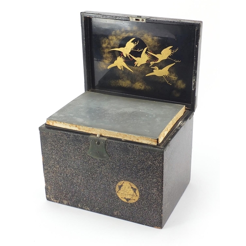 78 - Japanese lacquered tea caddy with liner, gilded with floral roundels, 19.5cm H x 26.5cm W x 19cm D