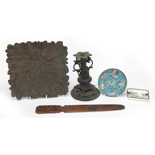 64 - Chinese wood and metalware including a page turner, two cloisonne dishes and a bronzed turtle stand,... 