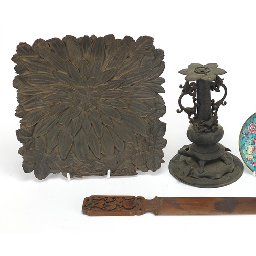 64 - Chinese wood and metalware including a page turner, two cloisonne dishes and a bronzed turtle stand,... 