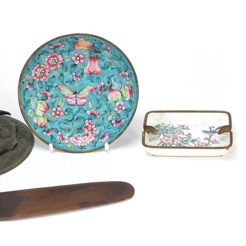 64 - Chinese wood and metalware including a page turner, two cloisonne dishes and a bronzed turtle stand,... 