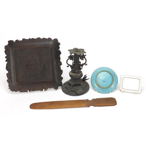 64 - Chinese wood and metalware including a page turner, two cloisonne dishes and a bronzed turtle stand,... 