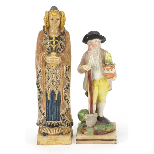 345 - Antique pottery figure of an Elizabethan lady and one of a young worker,  the largest 20.5cm high