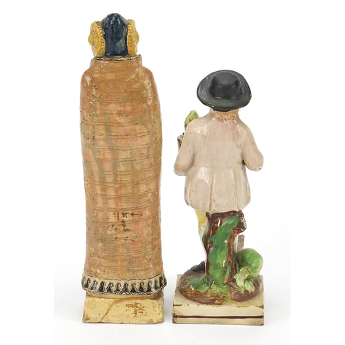 345 - Antique pottery figure of an Elizabethan lady and one of a young worker,  the largest 20.5cm high