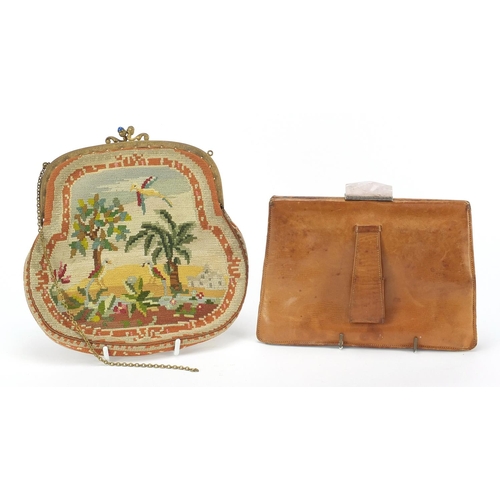 310 - Two ladies clutch bags comprising a leather example with silver and rose quartz clasp, the largest 2... 